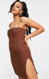 Lioness Side Slit Slip Dress in Brown